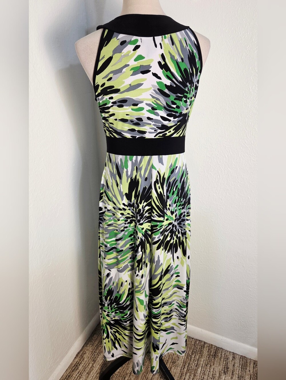 Susan Lawrence Green, White & Black Floral Burst Maxi Dress Black Trim Sz Small - Picture 6 of 9